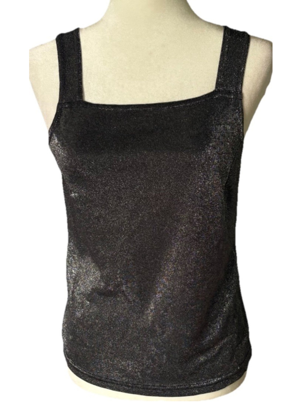 Vintage Y2K Fashion Bug Metallic Shimmer Tank Top Square Neck Black Silver M / L